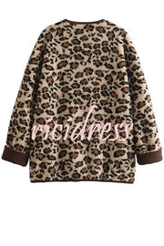 Warm Feel Colorblock Leopard Print Plush Button Up Pocketed Teddy Jacket