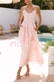 Floral Print V-Neck Sleeveless Back Tie Pocket Maxi Dress