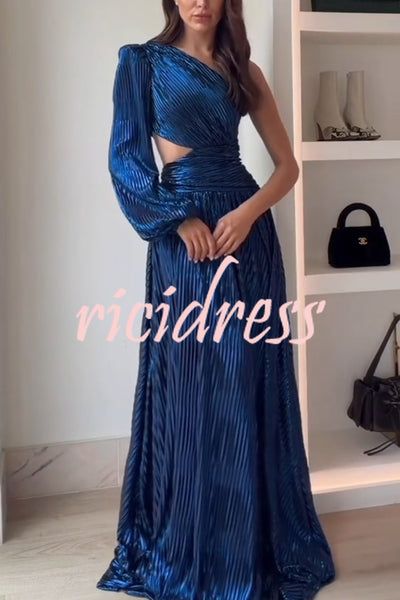 Dazzling Night Metallic Pleated One Shoulder Cutout Balloon Sleeve Gown Maxi Dress