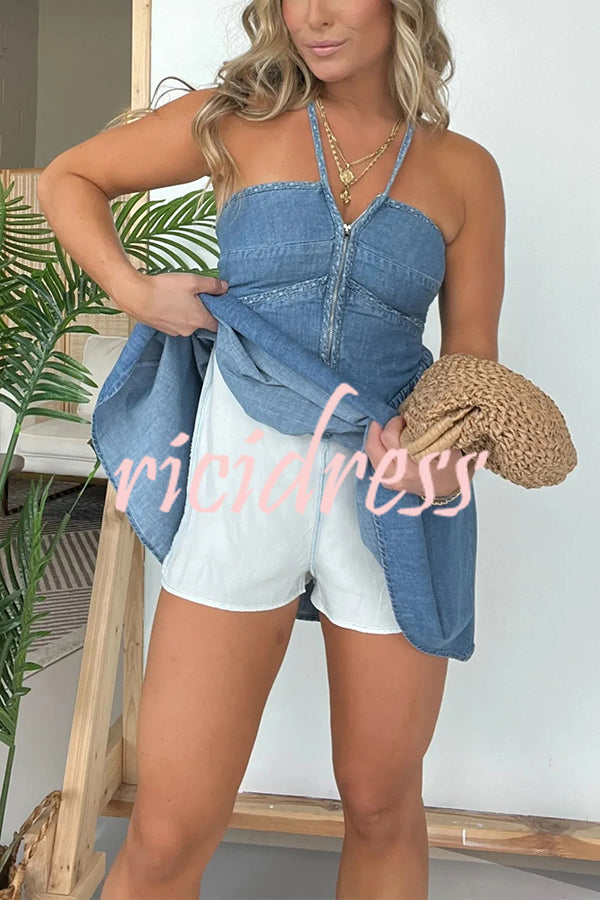 Sexy Halter Neck Backless Front Zip Denim Mini Dress