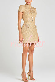 Gold Standard Tweed Fabric Pearl Button Short Sleeve Pocketed Mini Dress