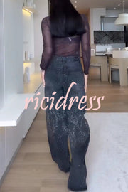 Fashion Star Rhinestone High Rise Casual Pocket Straight Loose Jeans