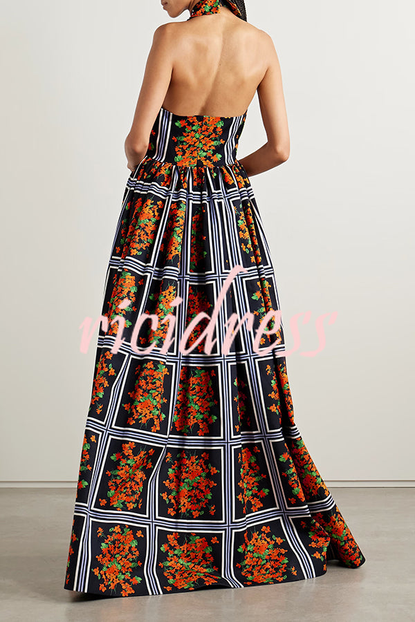 Floral Print Sexy Halter Neck Backless Elegant Maxi Dress