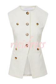 Impeccable Textured Fabric Button Up Princess Seams Vest Top