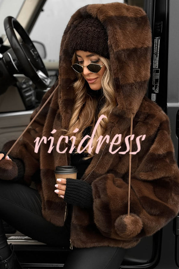 Winter Latte Gradient Print Ribbed Balloon Sleeve Hooded Loose Plush Coat