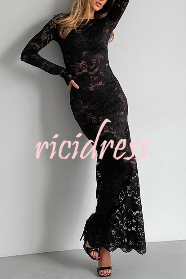 Sexy Openwork Lace Long-sleeved Slim-fit Fishtail Maxi Dress