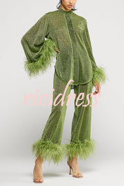 Glitter Fabric Feather Trim Long Sleeve Button Top and Elastic Waist Loose Straight Pants Set