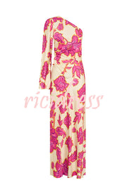 Rhia Satin Floral Print One Shoulder Flared Maxi Dress