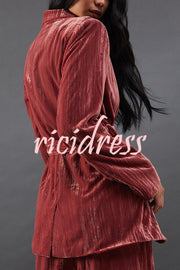 Solid Color Velvet Long-sleeved Waist Tie Top and Elastic Waist Casual Pocket Straight-leg Pants Set