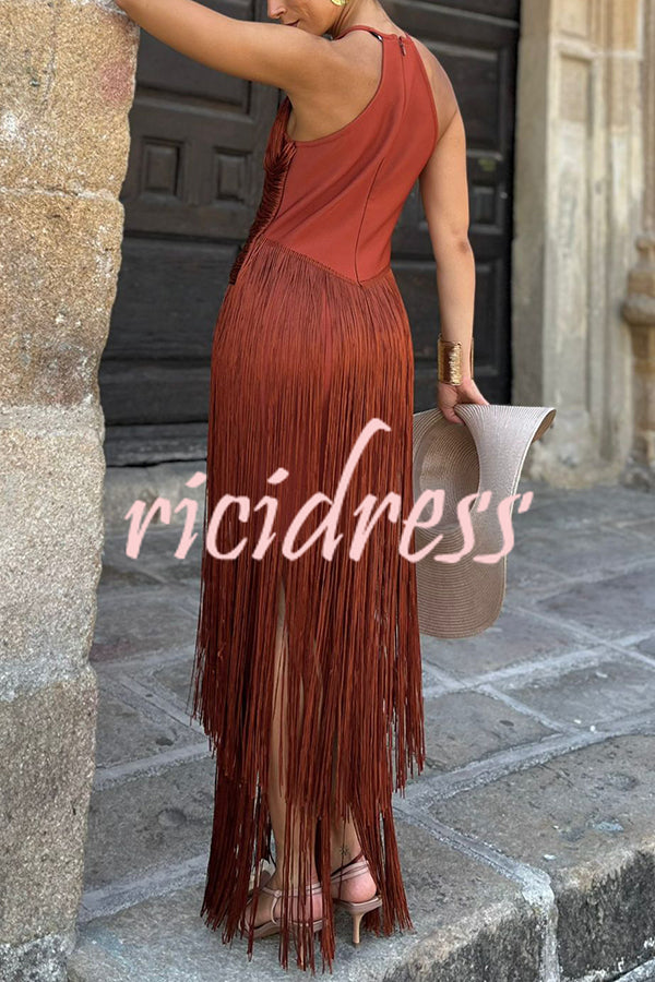 Fashion Sleeveless Halter Neck Elegant Tassel Slim Maxi Dress