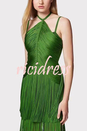 Sexy Halterneck Open Back Elegant Tassel Slim Maxi Dress