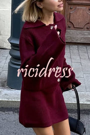 Fashion Lapel Bell Sleeve Knitted Cardigan and Casual Mini Skirt Set