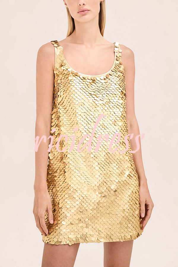 Golden Charm Impact Large Sequins Scoop Neck Tank A-line Mini Dress