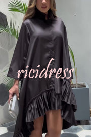 Solid Color Palace Style Loose Irregular Pleated Hem Mini Dress