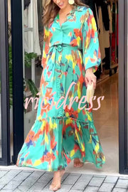 Multicolor Printed Lapel Balloon Sleeves Tie-waist Maxi Dress