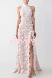 Cheongsam Style Lace Mandarin Halter Neck Backless Slit Maxi Dress