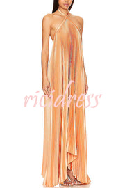 Luxurious Atmosphere Satin Halter Neck Backless A-line Gown Maxi Dress