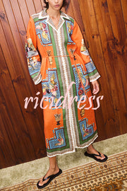Linen Blend Unique Print Tie-waist Casual Maxi Dress