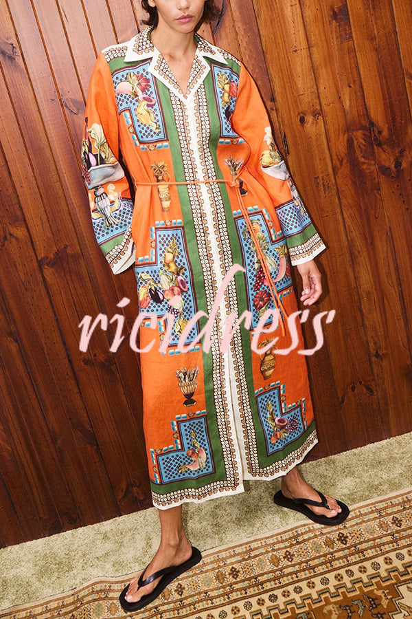 Linen Blend Unique Print Tie-waist Casual Maxi Dress