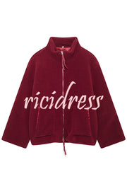 Solid Color Stitching High Collar Long Sleeve Loose Pocket Woolen Coat