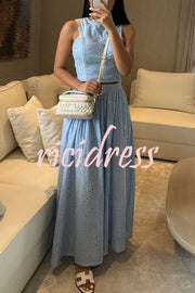 Kaya Embroidery Hollow Lace Back Smocked Tank and Elastic Waist A-line Maxi Skirt Set