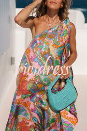 Rainbow Breeze Satin Unique Print Bow One Shoulder Loose Maxi Dress