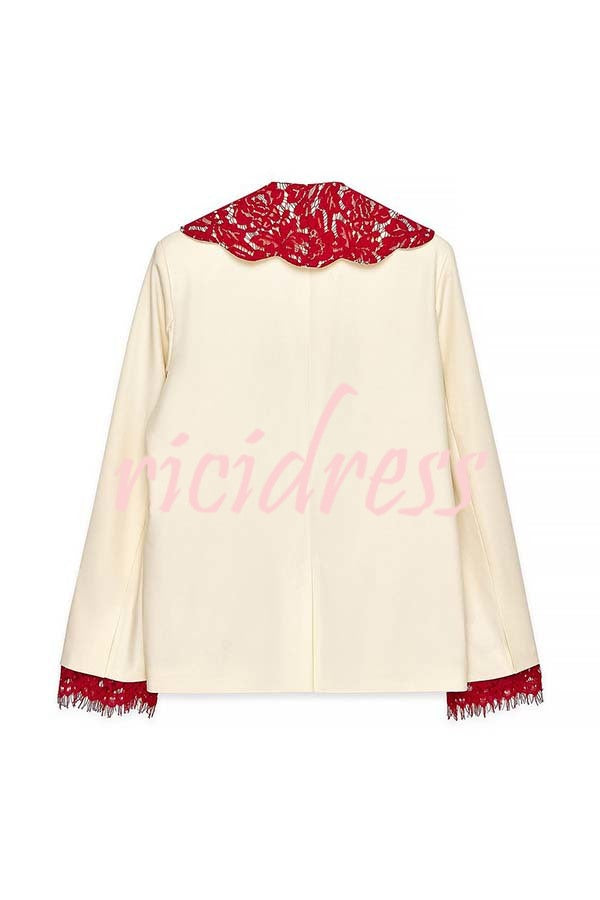 Love Letter Contrast Lace Detail Long Sleeve Wave Lapel Loose Blazer