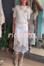 Alboran Knit Organza Flowers Detail Short Sleeve Loose Sweater