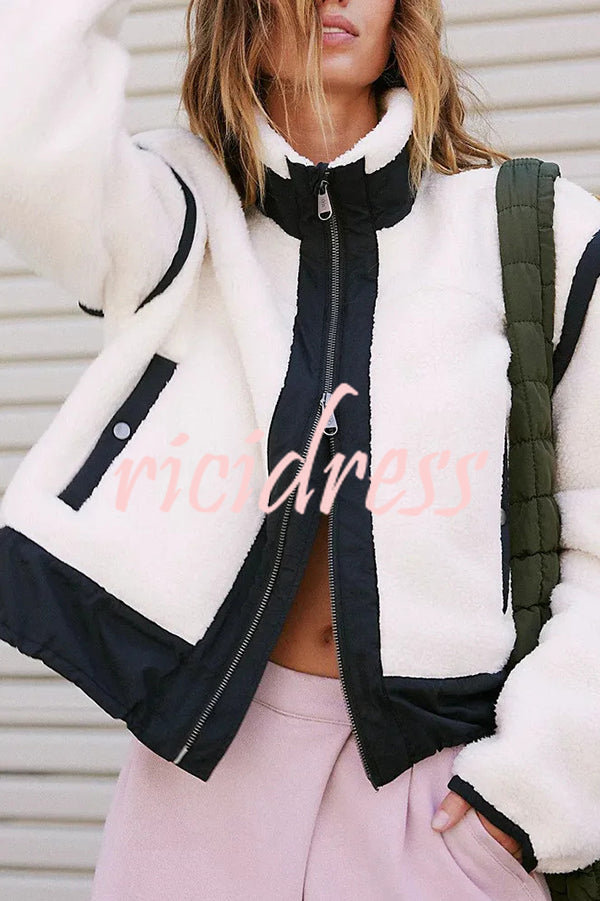 Stylish Patchwork Stand Collar Sherpa Zipper Jacket