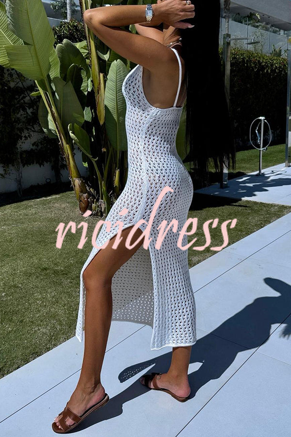 Solid Color V-neck Hollow Beach Knitted Cover-up Midi Dress