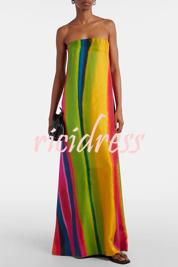 Artistic Rainbow Satin Watercolor Print Off Shoulder Pocketed H-line Maxi Dress