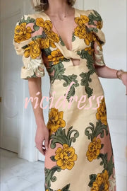 Flower Vine Linen Blend Unique Print Twist Cutout Neck Puff Sleeve Midi Dress