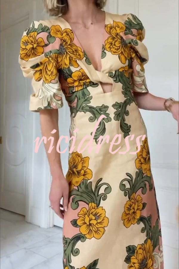 Flower Vine Linen Blend Unique Print Twist Cutout Neck Puff Sleeve Midi Dress