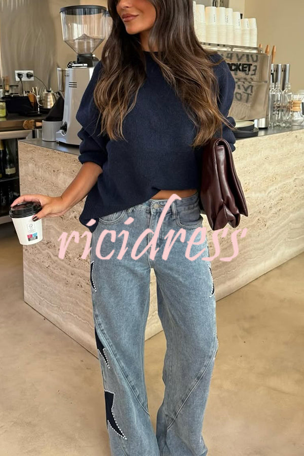 Jessy Denim Mid Rise Side Star Pattern Pocket Wide Leg Jeans