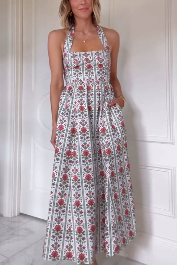 Summer Event Linen Blend Floral Pocketed Halter Maxi Dress