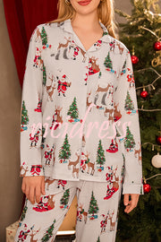 Christmas Holiday Print Long Sleeve Pocket Top and Elastic Waist Loose Pants Set