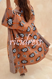 Mediterranean Art Knit Unique Sun Vortex Print Bell Sleeve Long Cardigan
