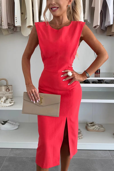 Charming Lady Solid Color Round Neck Sleeveless Waisted Slit Stretch Midi Dress