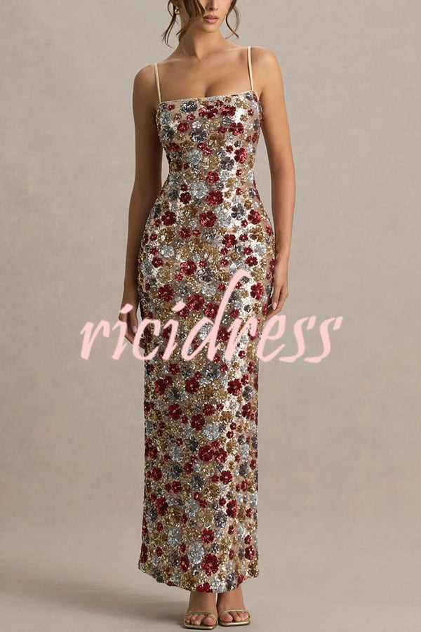 The Center of Attention Floral Print Sequin Square Neck Slip Stretch Maxi Dress