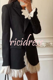Cue The Chic Lace Trim Button Long Sleeve Lapel Blazer Mini Dress