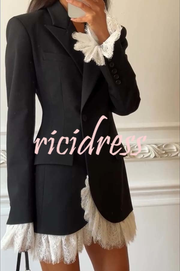 Cue The Chic Lace Trim Button Long Sleeve Lapel Blazer Mini Dress