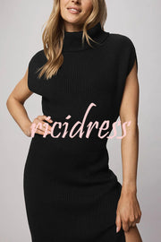 Solid Color Sleeveless Knitted Elegant Waist Midi Dress