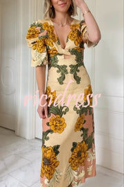 Flower Vine Linen Blend Unique Print Twist Cutout Neck Puff Sleeve Midi Dress