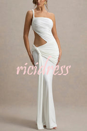 Sexy One-shoulder Backless Ribbon Pleated Slim Maxi Dress