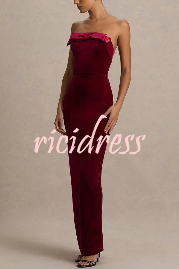 Illusion Velvet Bandeau neck Bow detail Stretch Maxi Dress