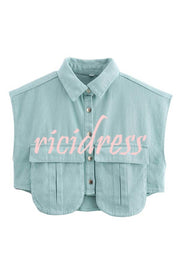 Stylish Weekend Denim Button Up Cape Sleeve Pocket Crop Top