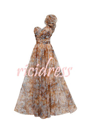 Romantic Ball Chiffon Floral One-shoulder Pleated Design Back Lace-up Gown Maxi Dress
