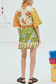 Kienna Linen Blend Unique Floral Print Tie-waist Mini Dress