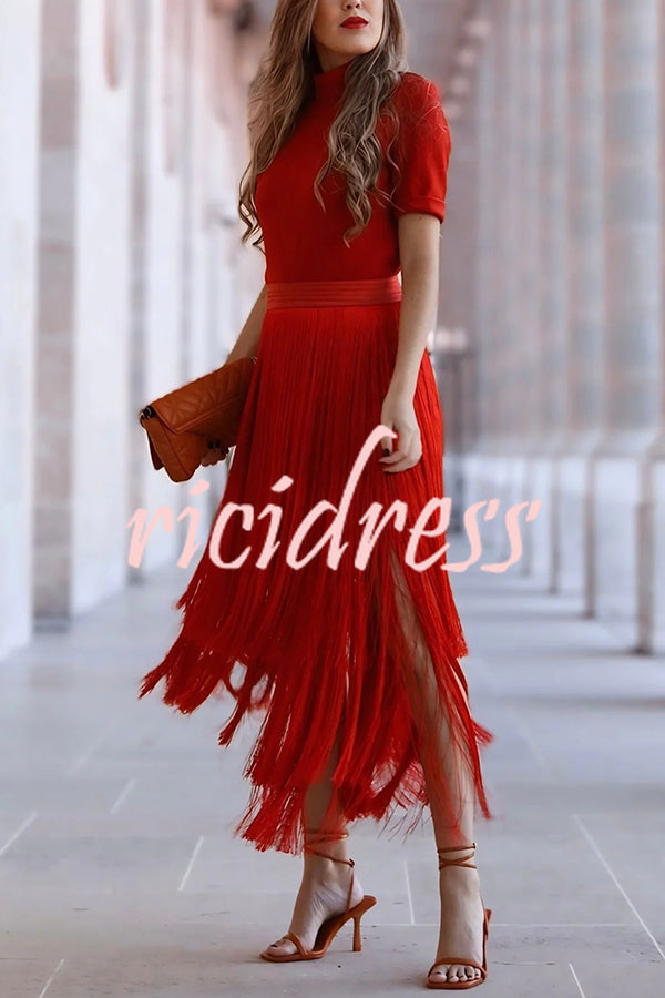 Elegant Tassel Hem Elastic Waist Casual Maxi Skirt