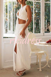 Solid Color Hollow Embroidery V-neck Lace-up Top and Slit Maxi Skirt Set